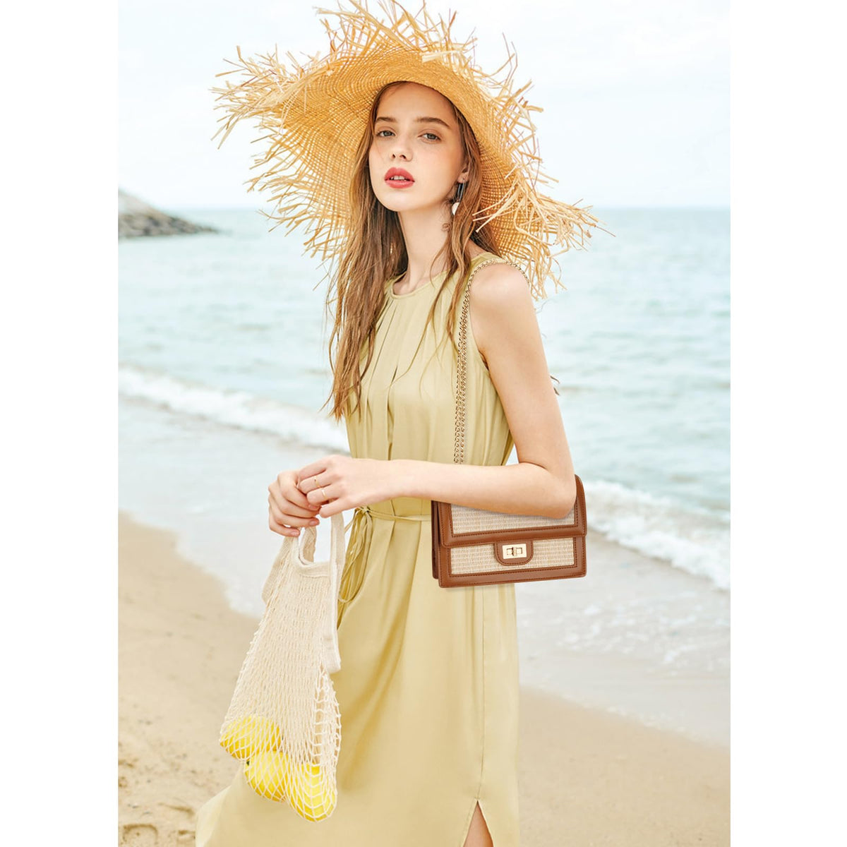 KKXIU Women Small Straw Beach bag Crossbody Bag Summer Shoulder Bag Beach Handbag Vegan Leather Purse (Brown)
