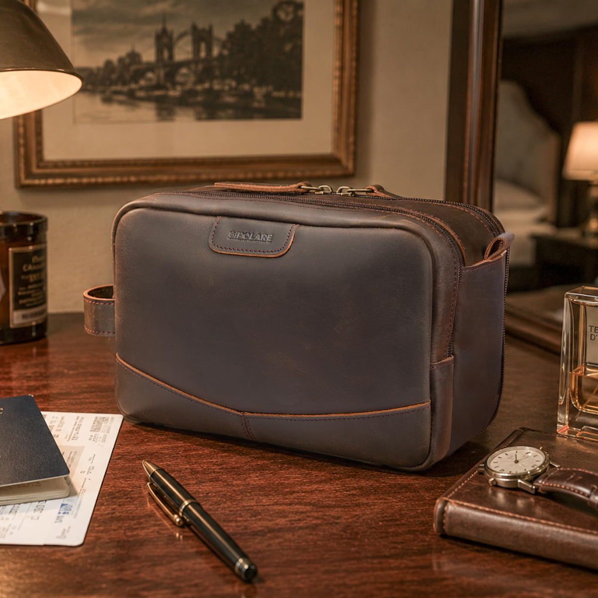 Polare Full Grain Leather Toiletry Bag for Men, Portable Travel Dopp Kit, Large Shaving Kit Organizer Cosmetic Case, Wash Pouch with YKK Zippers