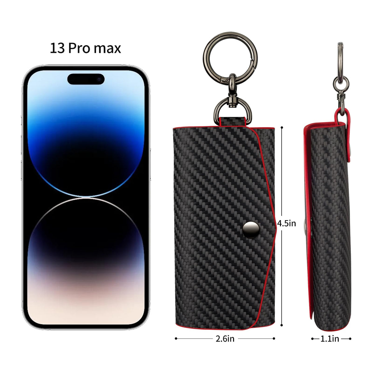 Leather Keychain Wallets Portable Key Holders Pouch Multiple Key Organizer, Key Holder with 6 Hooks for Men or Women,Carbon Fiber Pattern,Red