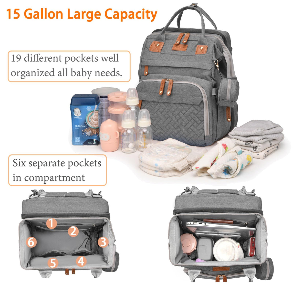 Astro alan Baby Diaper Bag with Changing Station, Waterproof Diaper Bag Backpack for Moms Dads with USB Charging Port, Baby Shower Gifts, Large Capacity diaper backpack, Grey