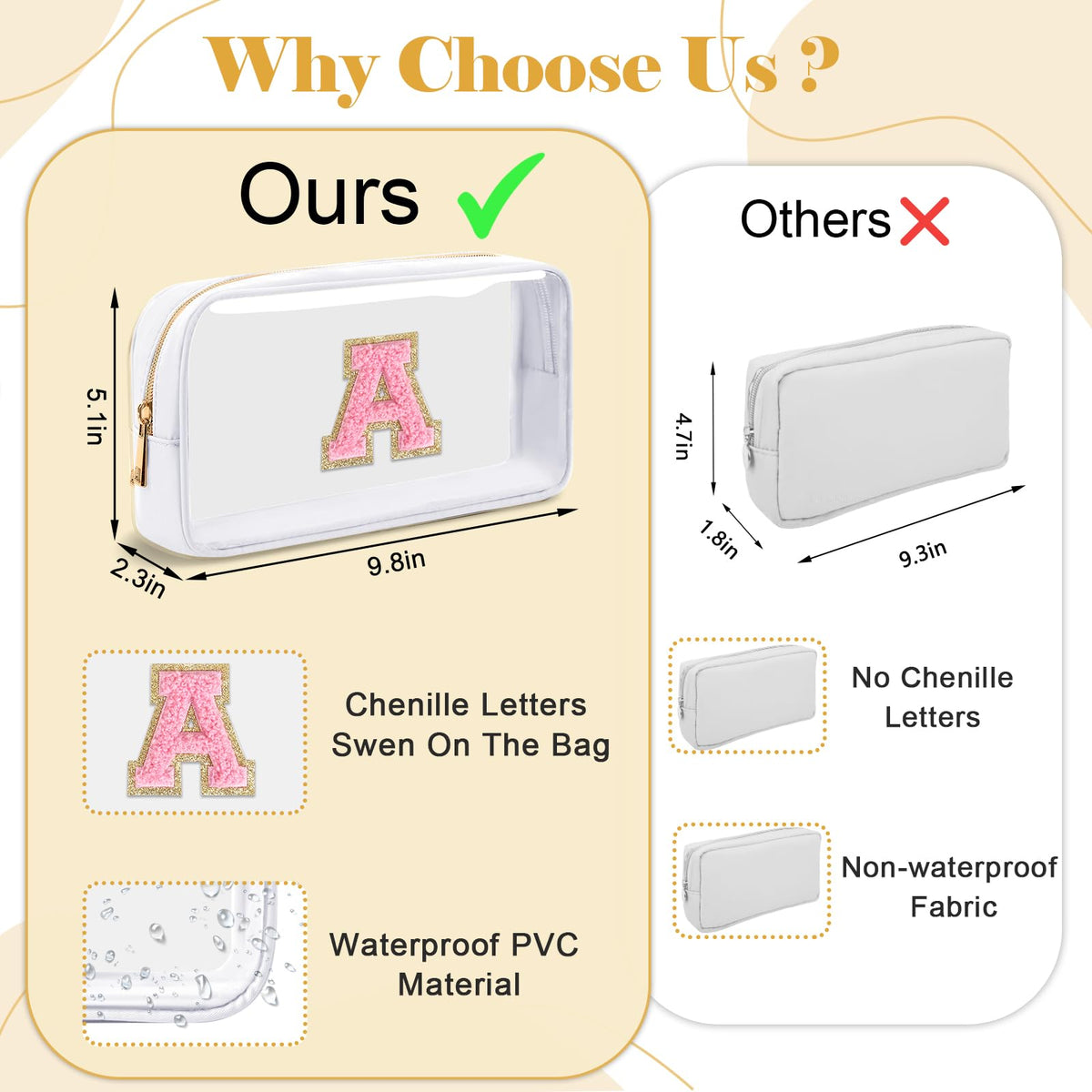 UIXIZQ Personalized Initial Letter Clear Makeup Bag,Preppy Small Nylon&PVC Cosmetic Zipper Bag with Chenille Letter,Travel Skincare Toiletry Bag,Monogram Christmas Gift for Teen Girls Women,L