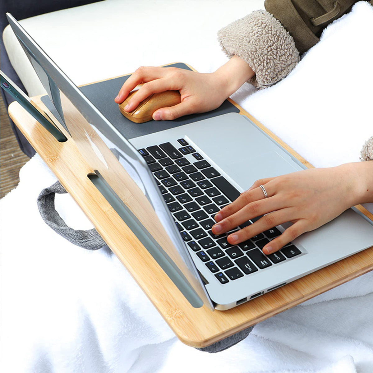 SUMISKY Laptop Lap Desk with Cushion Protable LapDesk with Handle Tablet Support Phone Holder and Mouse Pad Oversized Bamboo Laptop Stand for Sofa Fits Up to 17 Inches