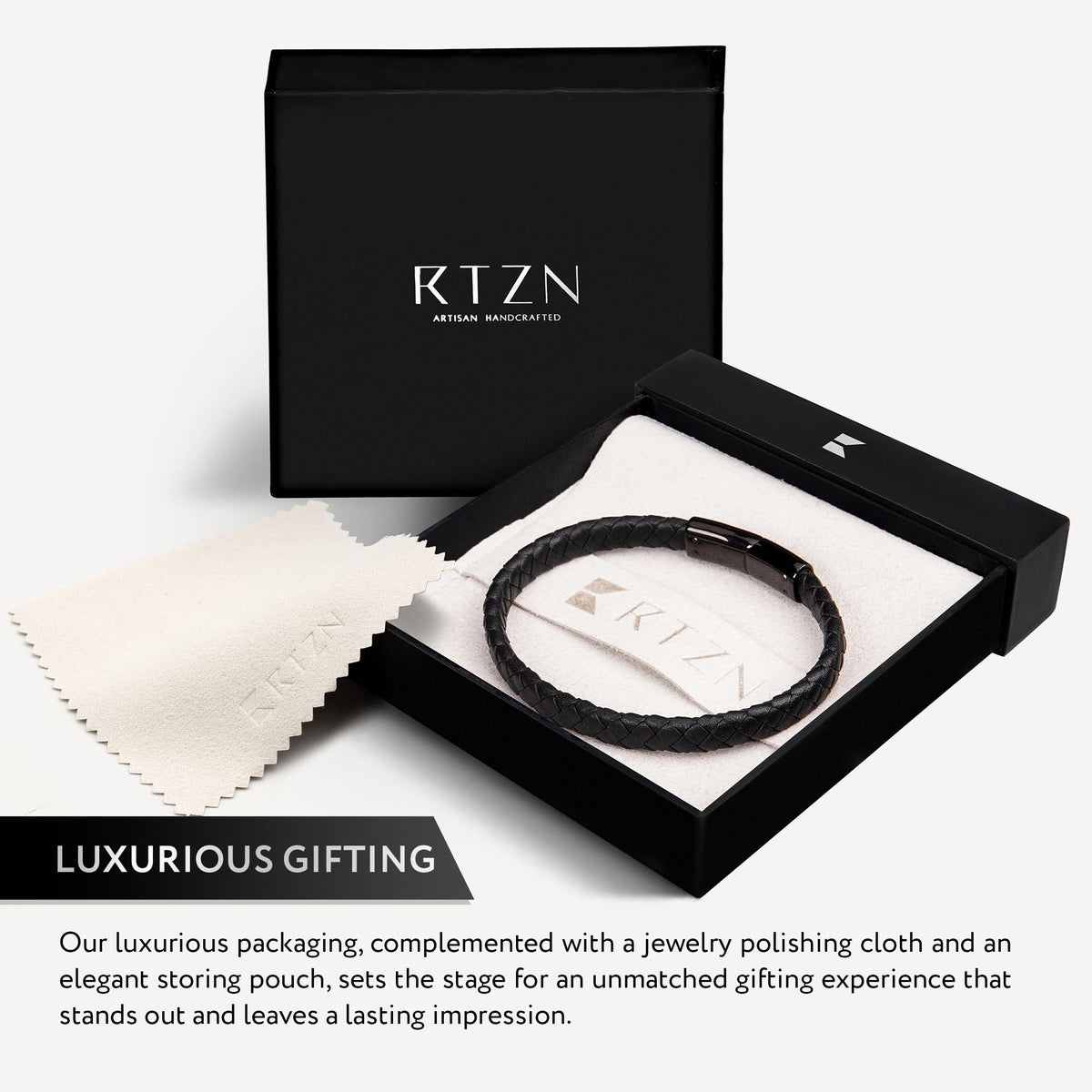 RTZN Black Leather Bracelet for Men Premium Artisan Handcrafted Braided Leather Bracelet Mens (Small)