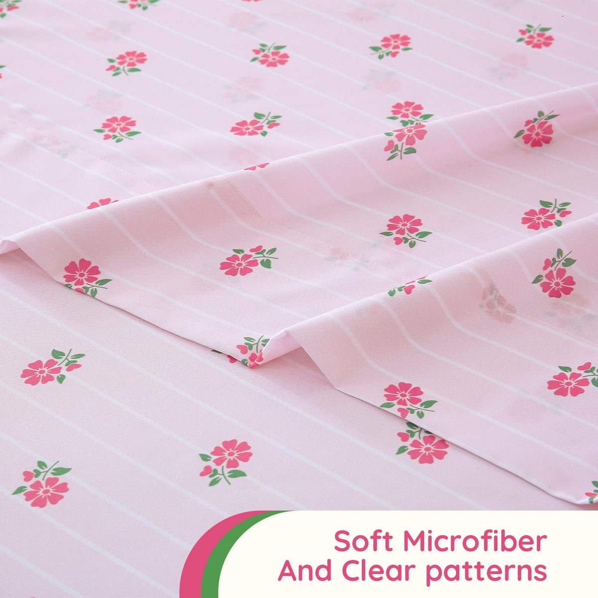 MCO Kids 3 Pieces Striped Twin Sheet Set for Girls, Breathable Bed Sheets with 16" Deep Pocket, Soft Brushed Microfiber Bedding Set (Twin, Pink Flower)