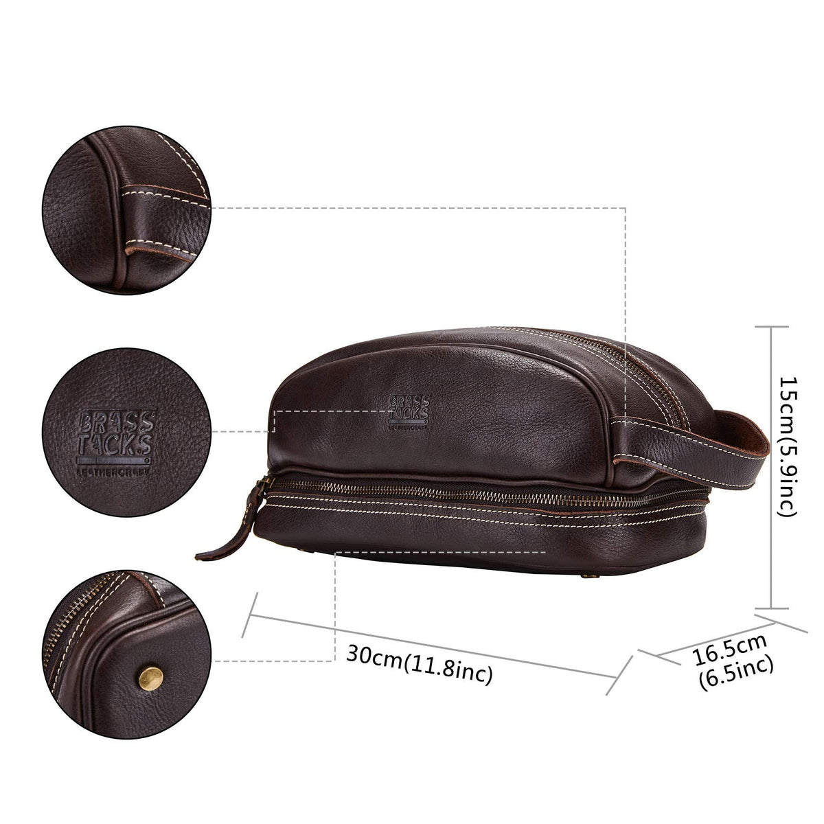 BRASS TACKS Leathercraft Travel Toiletry Organizer Dopp Kit Water-resistant Genuine Leather Shaving Bag for Toiletries Accessories For Men Women (Dark Brown)