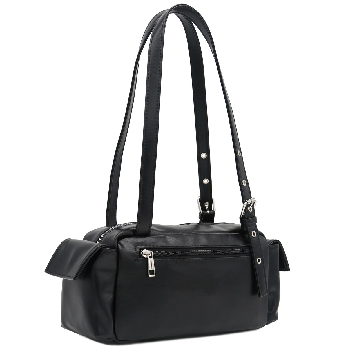 FashionPuzzle Glossy PU Leather Multi Pocket Shoulder Bag Satchel (Black)
