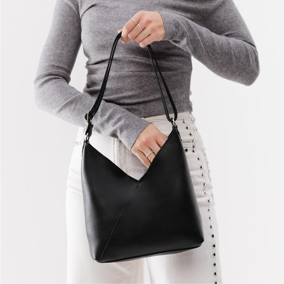 Portland Leather Goods Naomi Shoulder Bag – Slouchy Leather Shoulder Bag with Adjustable Crossbody Strap & Secure Magnetic Closure – Handmade from the Finest Full-Grain Hides – Small, Pebbled Black