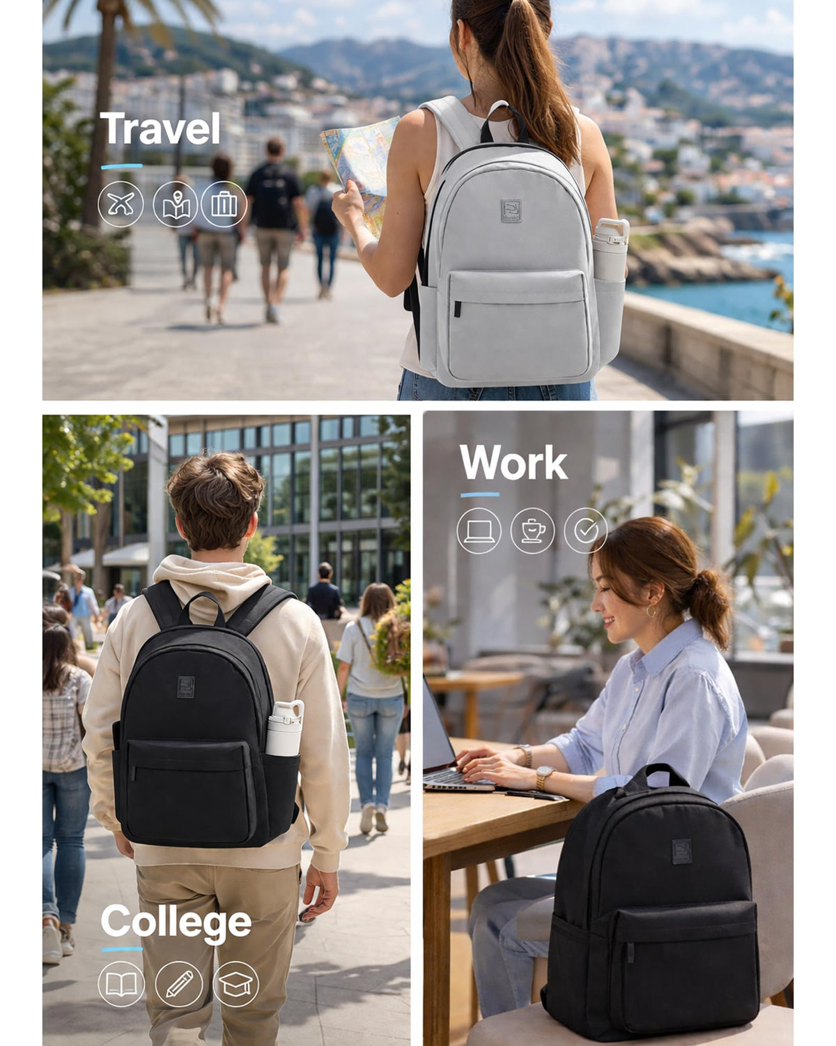 Hanke Travel Backpack for Women Men, 15.6 Inch Laptop College Backpack, Lightweight Small Computer Bookbag, Water-Resistant Casual Daypack, Grey