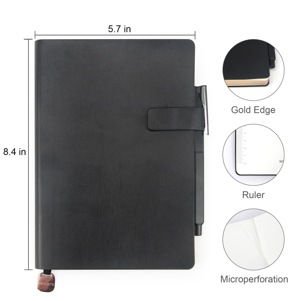 WETLOTE Soft Cover Leather Journal Notebook A5 Dotted 212 Pages 5x8.25 Inches with Strap Closure Travel Work School Writing Journaling Notebooks for Women Men Gift Box Packaging Black