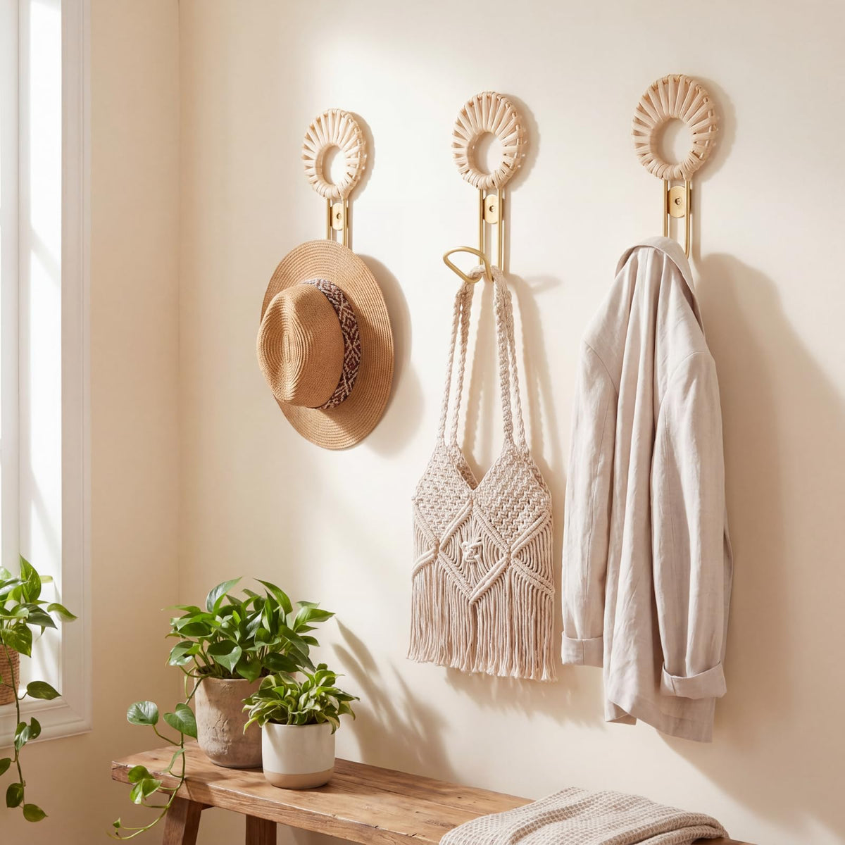 Novabright 3 Pcs Decorative Boho Wall Hooks Woven Rattan Metal Hanging Holder Gold Farmhouse Coat Rack Hooks with Screws for Hanging Coats, Keys, Towels, Bags, Coat Rack for Home Decor Entryway