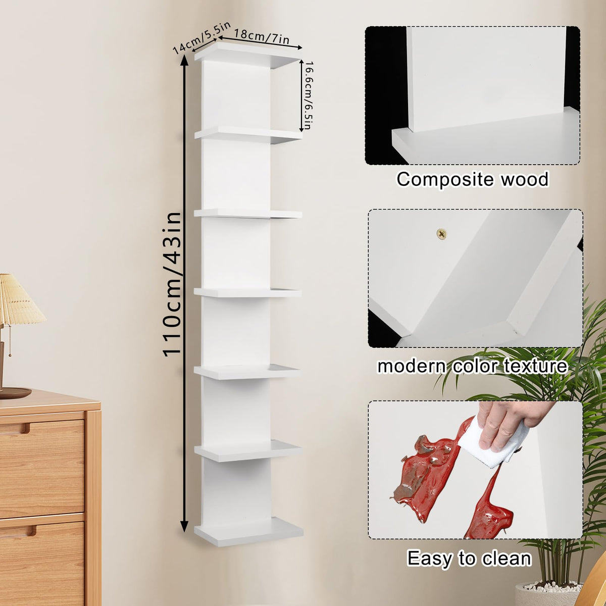 2 Pack 7 Tier Wall Shelf Unit - 43" Lack Floating Shelf, Compact Display Floating Shelf, Vertical Column Wall Decor Mount Floating Storage Organizer Tall Tower Shelf for Bedrooms, Living Rooms