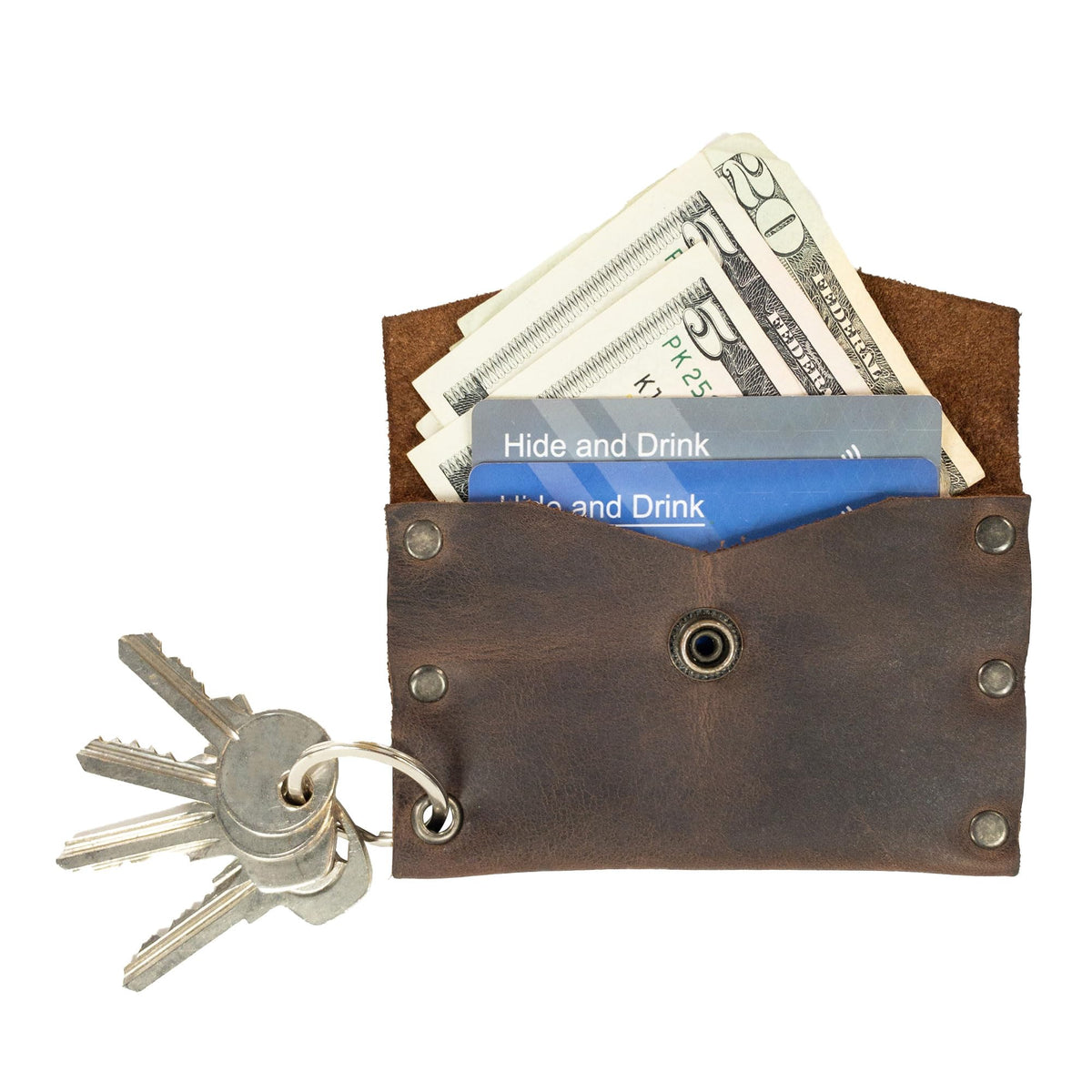 Hide & Drink, Leather Riveted Envelope Keychain, Holds Up to 4 Cards/Card Organizer/Holder/Case/Rustic/Cash/Accessories, Handmade - Bourbon Brown