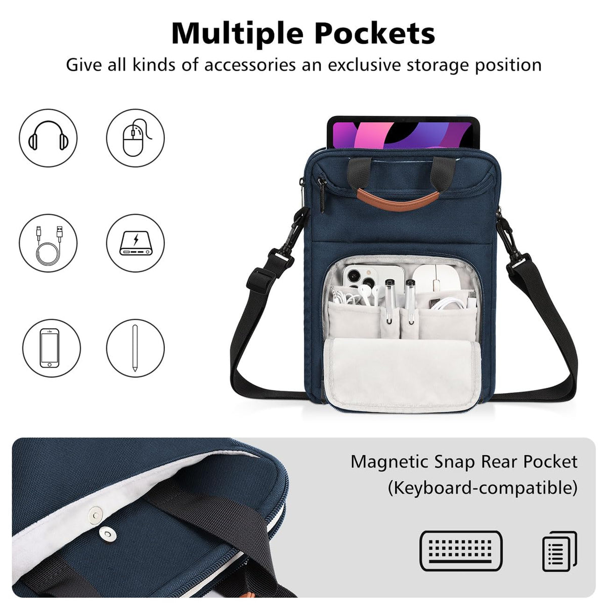 MoKo 9-11 Inch Tablet Sleeve Bag - Carrying Case Fits iPad Air, Pro 11, Tab S8/S9, with Shoulder Strap, Handle and Pockets, Indigo