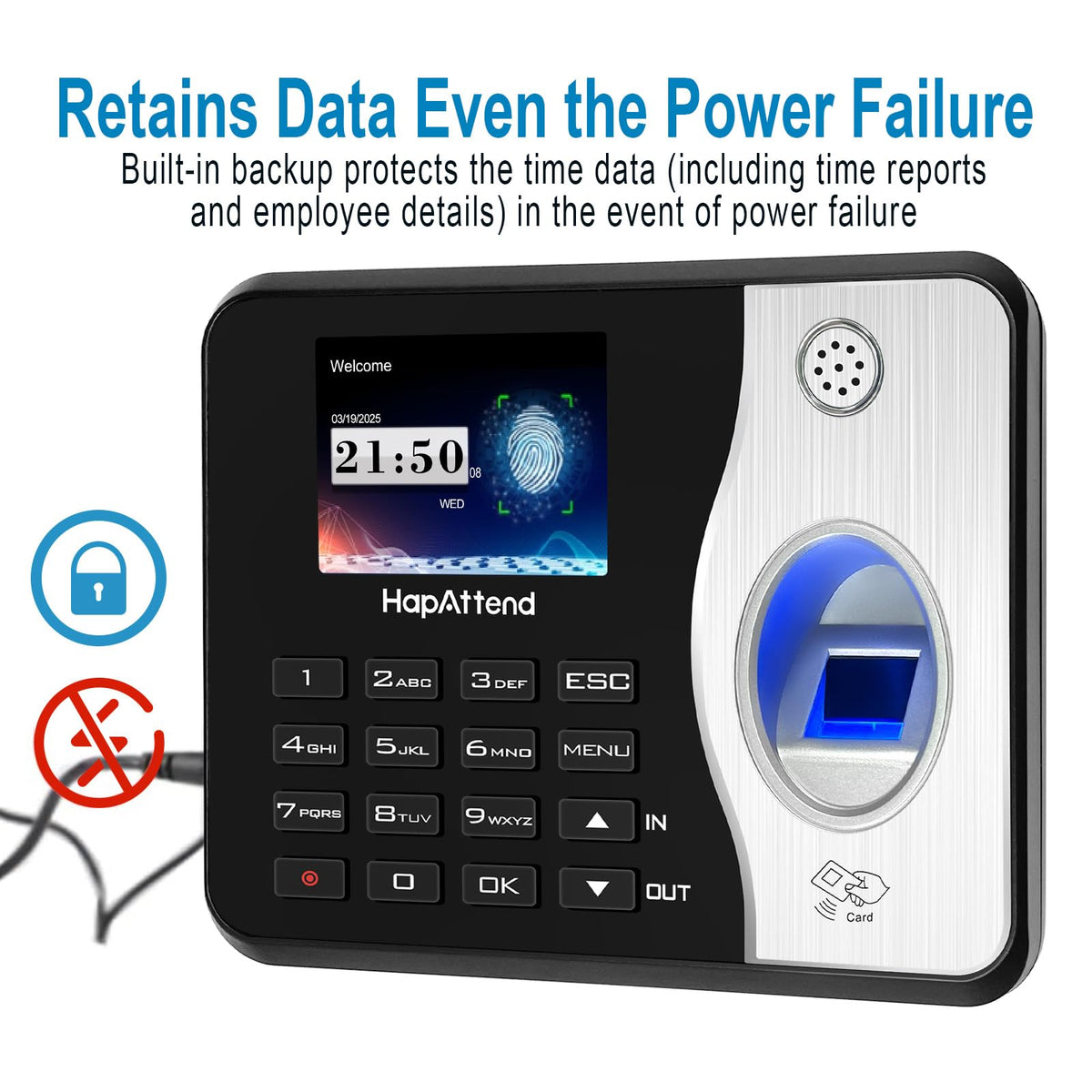 HapAttend Time Clocks Bundle with 15 RFID Cards, 0 Monthly Fees Standalone Biometric Time Attendance Punch Machine with Fingerprint, RFID and PIN