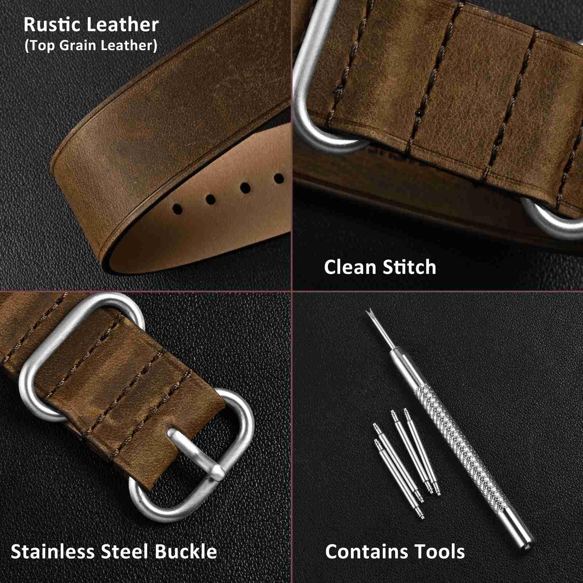 WOCCI 20mm One-piece Watch Band for Men, Top Grain Leather, Brushed Hardware (Retro Brown)