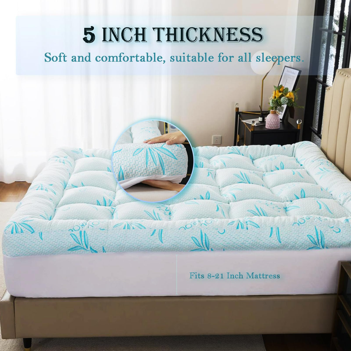 WhatsBedding 5 Inch Queen Mattress Topper Breathable Bamboo Viscose Air Layer,Memory Foam Mattress Topper Queen Size Blue.