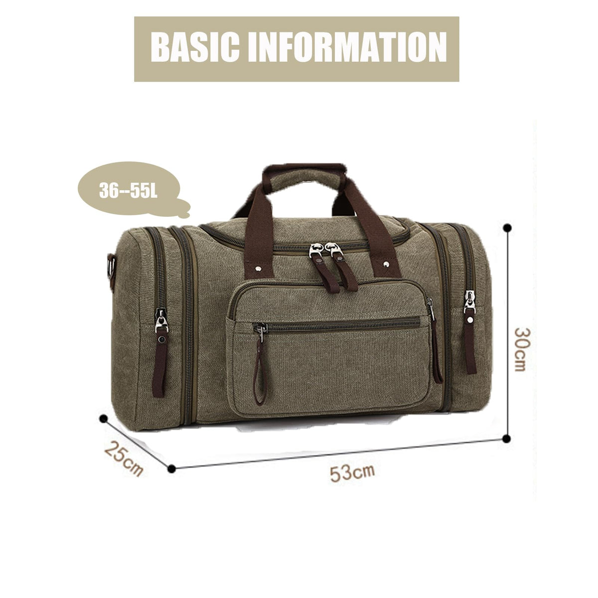 Travel bag large capacity men's luggage bag, expandable canvas leather 55 liters large capacity weekend hiking waterproof(green)