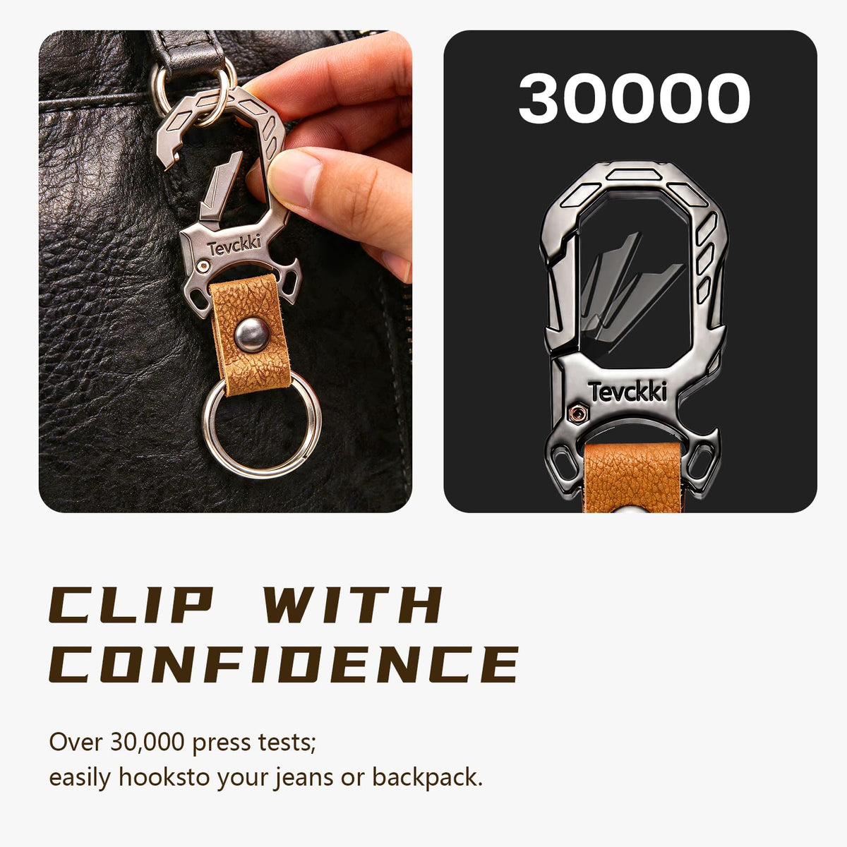 Tevckki Tactical leather keychains Carabiner Car Key Chains Bottle opener .Metal Clip Keychain with Anti-Lost 2 Key Rings Universal for men and women.(Brown)