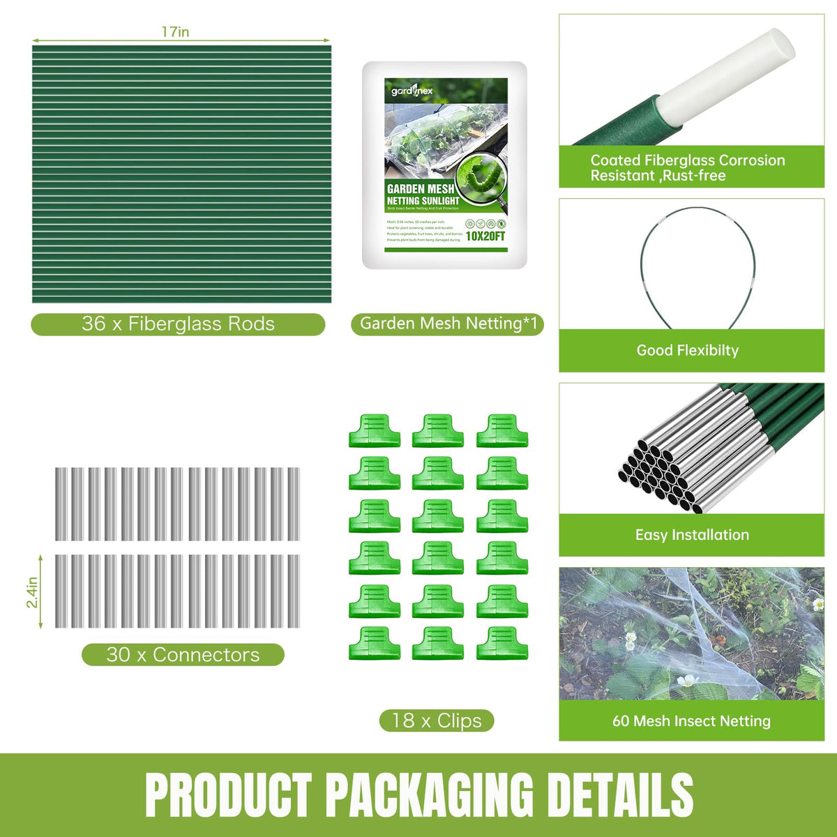 Gardynex Garden Netting Kit with 36Pcs Garden Hoops, 10x20FT Ultra-Fine Mesh | Insect Barrier for Vegetables, Fruits & Flowers | Raised Bed & Row Cover Protection