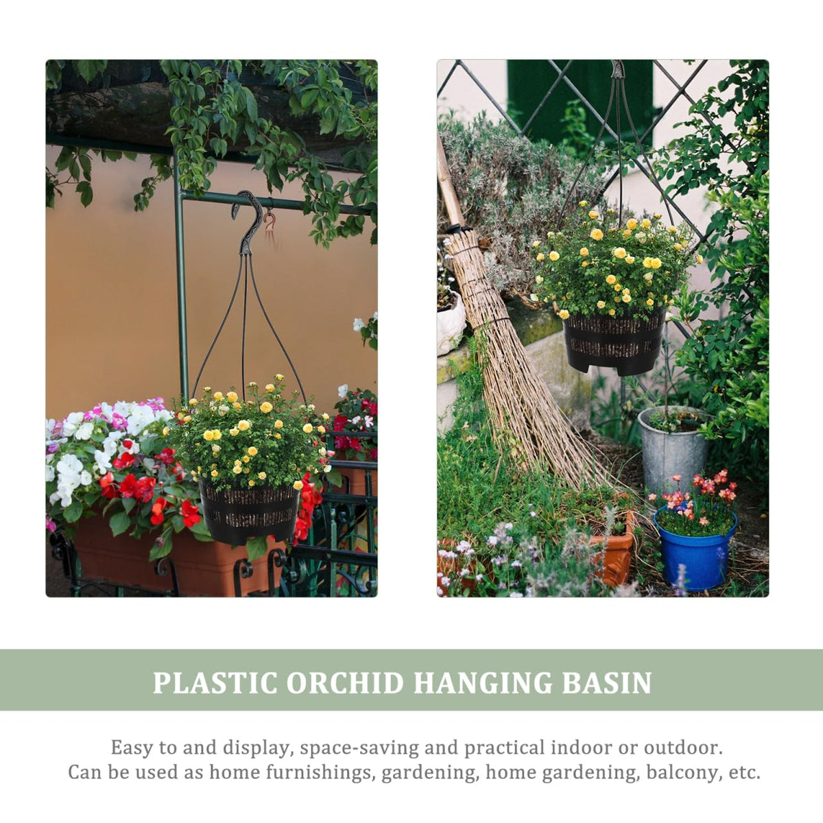 DOITOOL 5 Sets Hanging Flower Pots Plastic Planters with Hooks for Indoor Outdoor Balcony Garden Decor 6.29X6.29X17.71 Inch Black Hanging Planters for Orchid and Succulent Plants