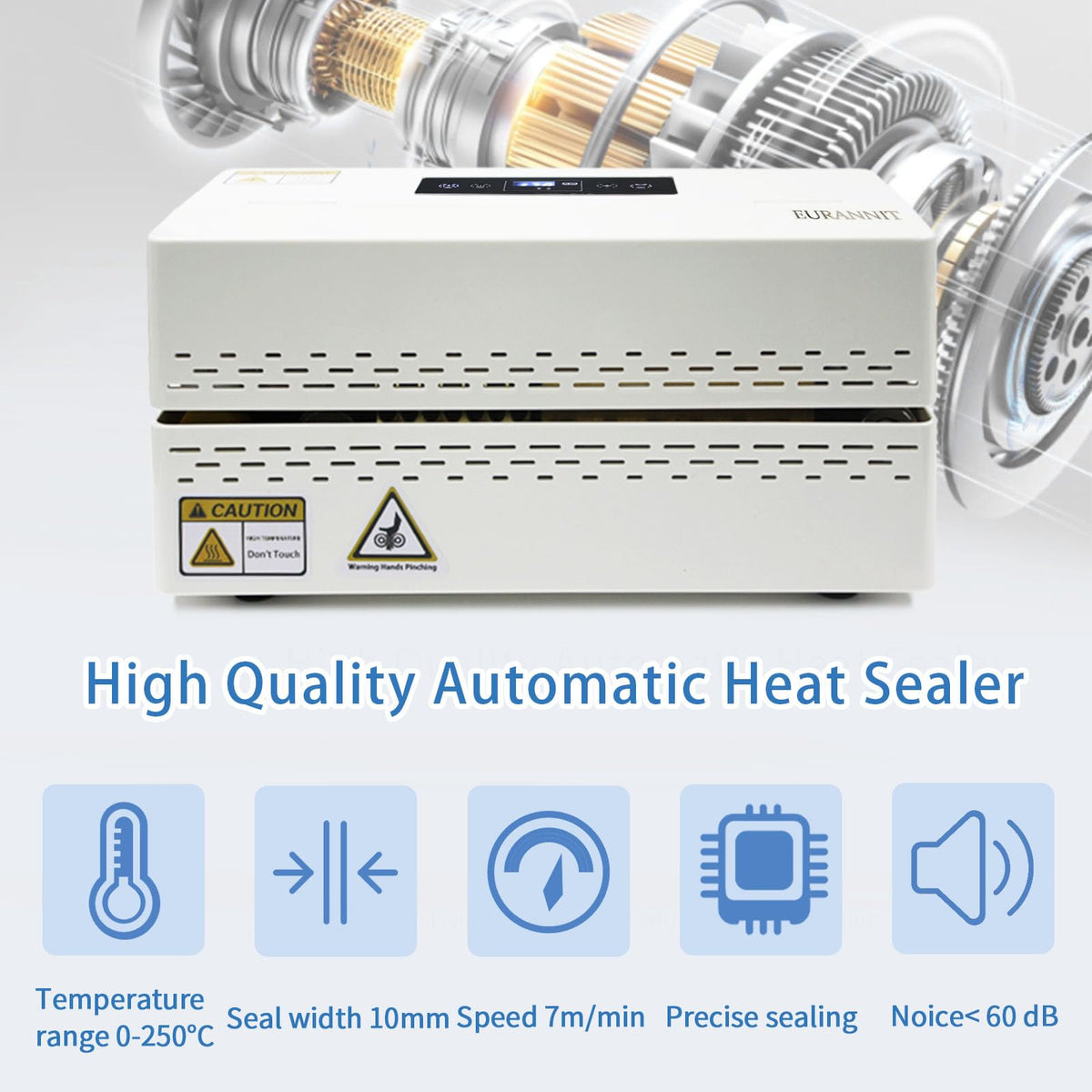 Eurannit Heat Sealer Machine - Compact Automatic Continuous Band Sealer with Fully Enclosed Safe Design, Digital Temperature Control for Food Packaging, Desktop Bag Sealer for Home and Commercial Use
