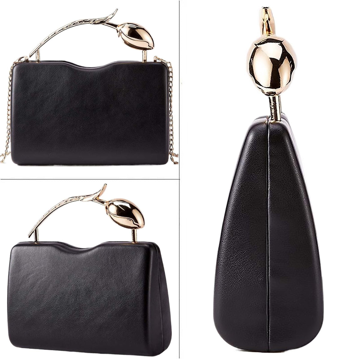 louceko PU Leather Handbag Detachable Chain Crossbody Shoulder Evening Bag Clutch Purse for Women Formal Wedding Party Prom, Metal Rose Handle, Black, 2510