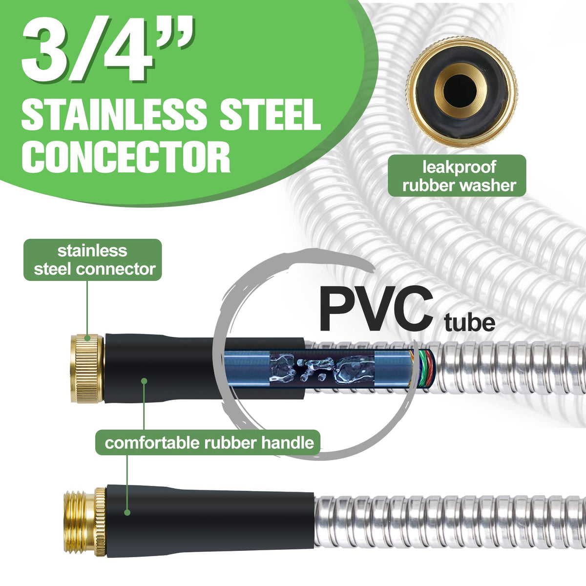 TVKB Metal Garden Hose 150ft Stainless Steel Water Hose Super Tough Flexible Water Pipe with 3/4 inch Brass Fittings and Sprayer Nozzle, Kink & Tangle Free, Rust Proof