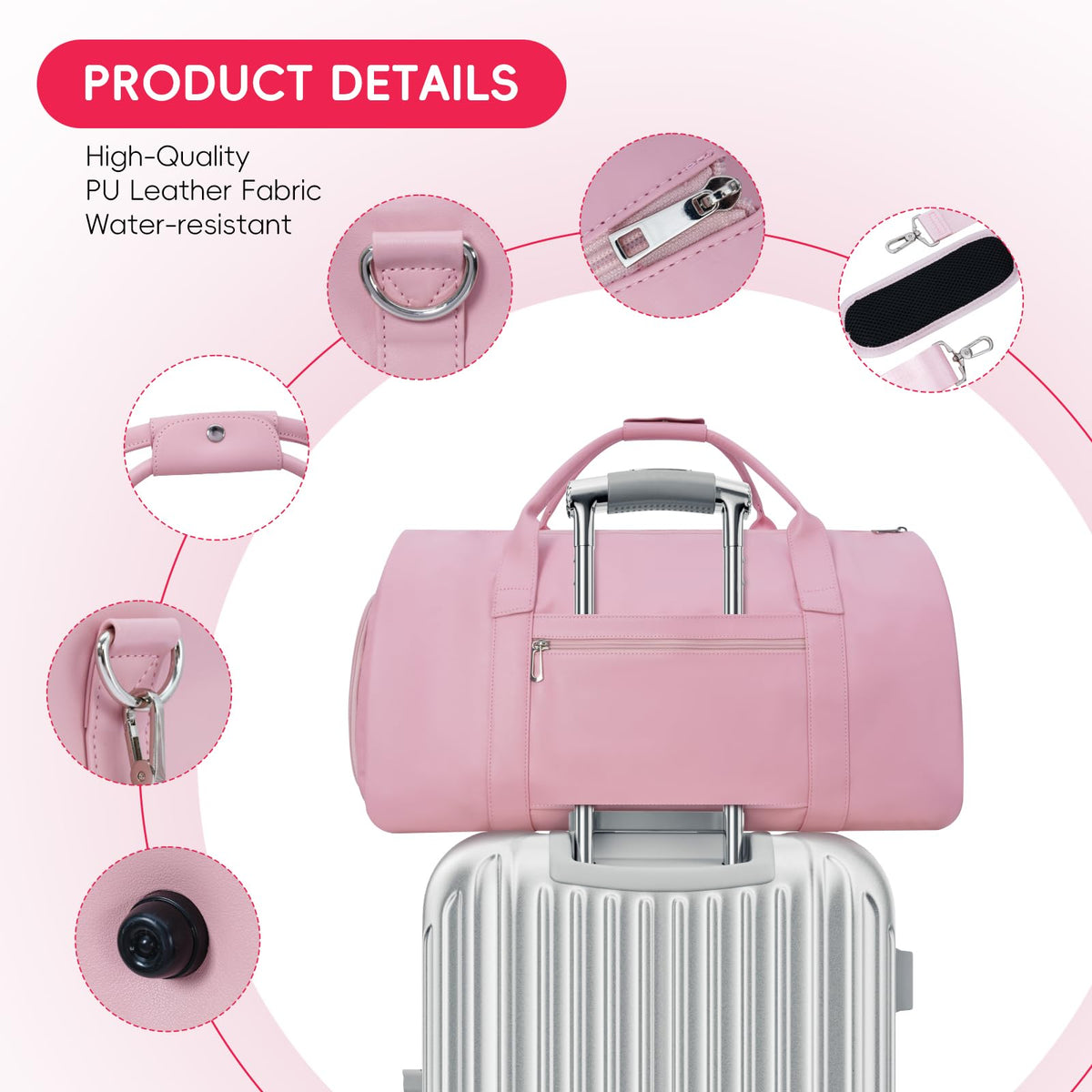 Modoker Leather Garment Bag for Travel – 2-in-1 Carry-On Suit Bag & Weekender for Women – Wedding Dress Luggage with Shoe Compartment & Shoulder Strap – Ideal for Business Trips,Pink