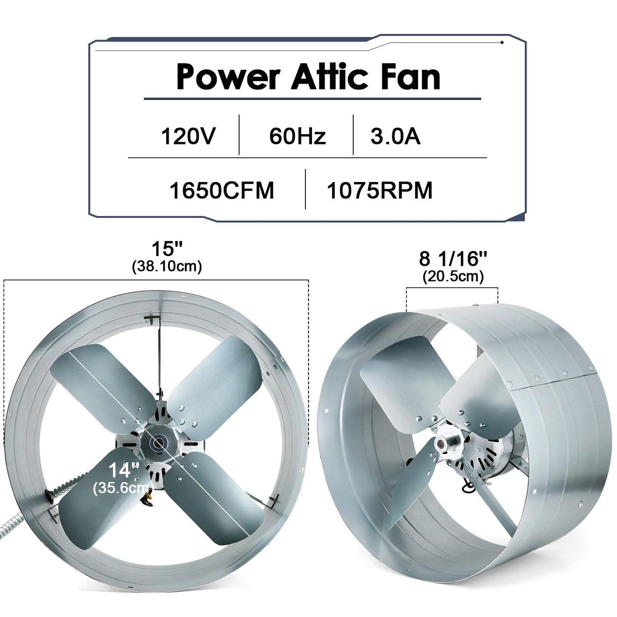 Hiorucet Upgraded 15 Inch Exhaust Fan for Gable Vent with Switch, 1650CFM 2500 SQF High-Speed Attic Fan with Adjustable Thermostat, 14 Inch Fan Blade and Permanently Lubricated Motor, 1075RPM.