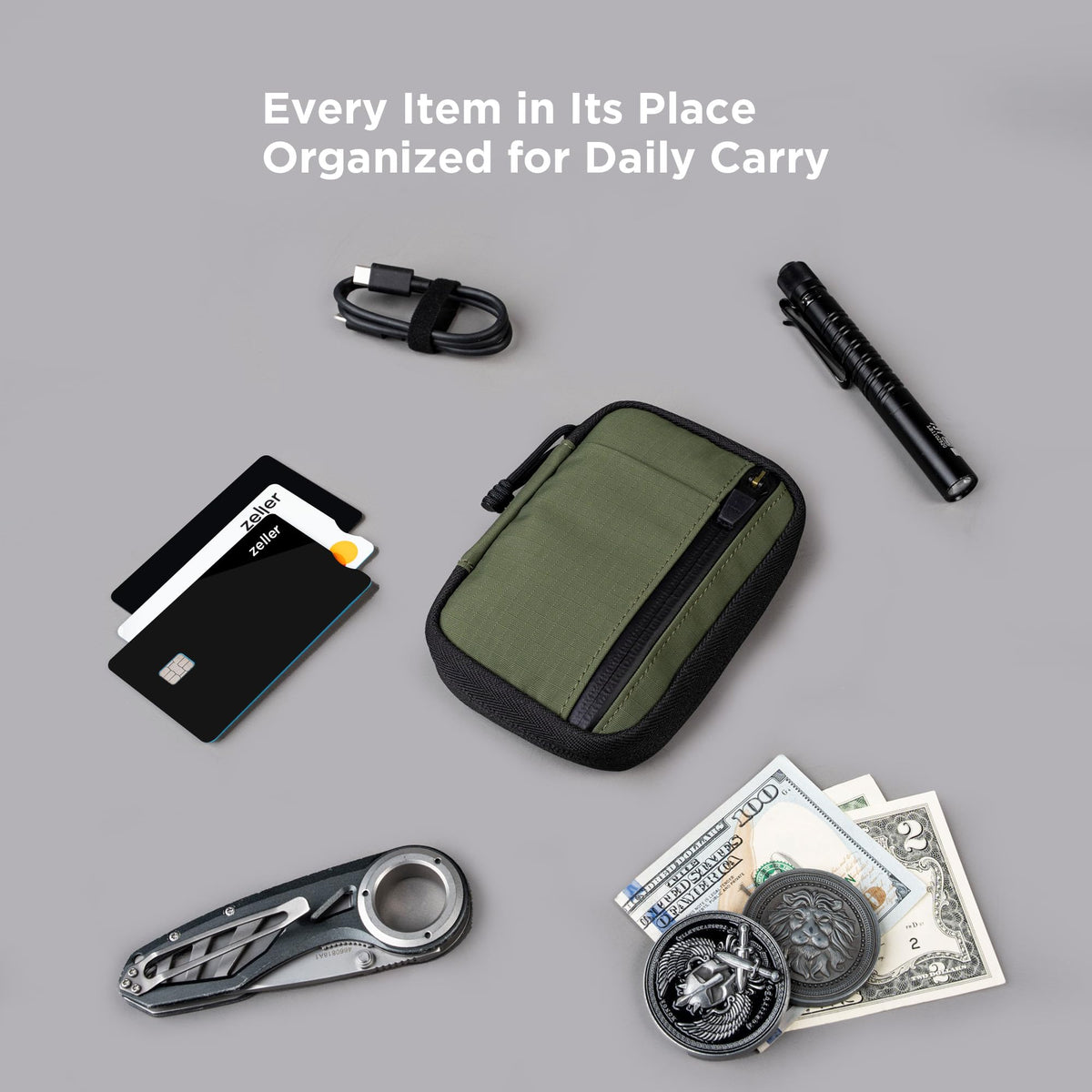 ALPAKA HUB Pouch V2 EDC Organizer for Cables, Cards, Coins, RFID Blocking Small Tool Bag and Pocket Protector for Everyday Carry and Travel, Axoflux 210D Ripstop Nylon, Green
