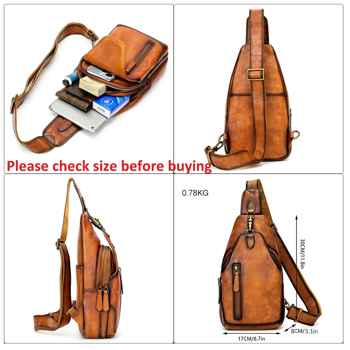 NIUCUNZH Genuine Leather Crossbody Sling Bag Handmade Classic Vintage Shoulder purse daypack Backpack Brown