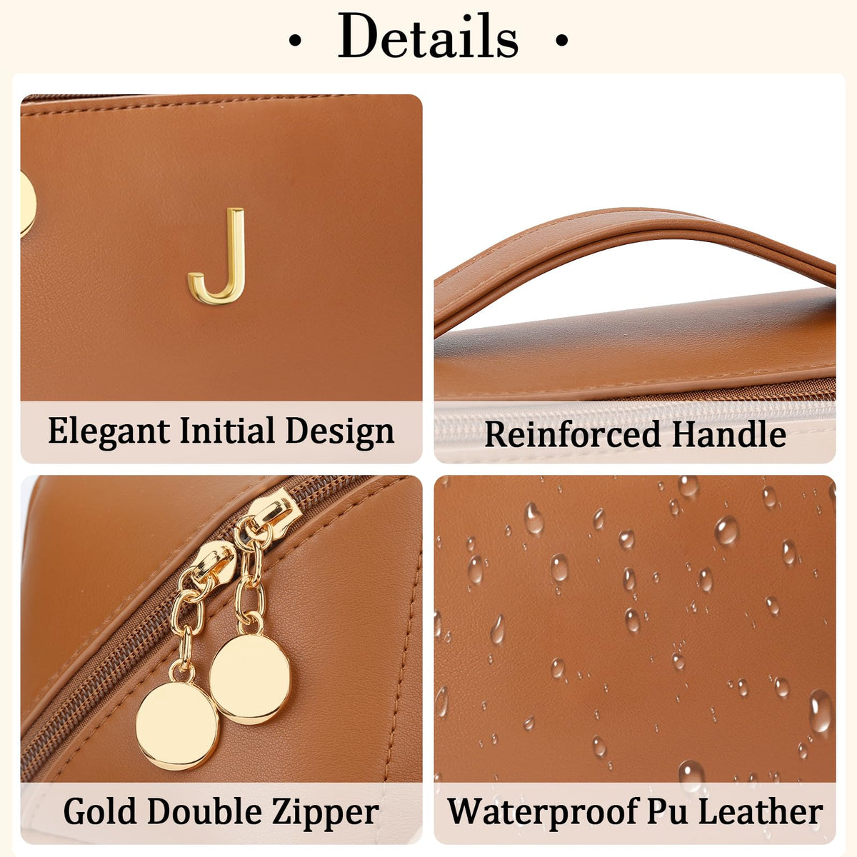 CLOUDWINGS Initial Makeup Bag Gifts for Women Bridesmaid Gifts Travel Toiletry Personalized PU Leather Waterproof Cosmetic Bag (Large-Brown-J)