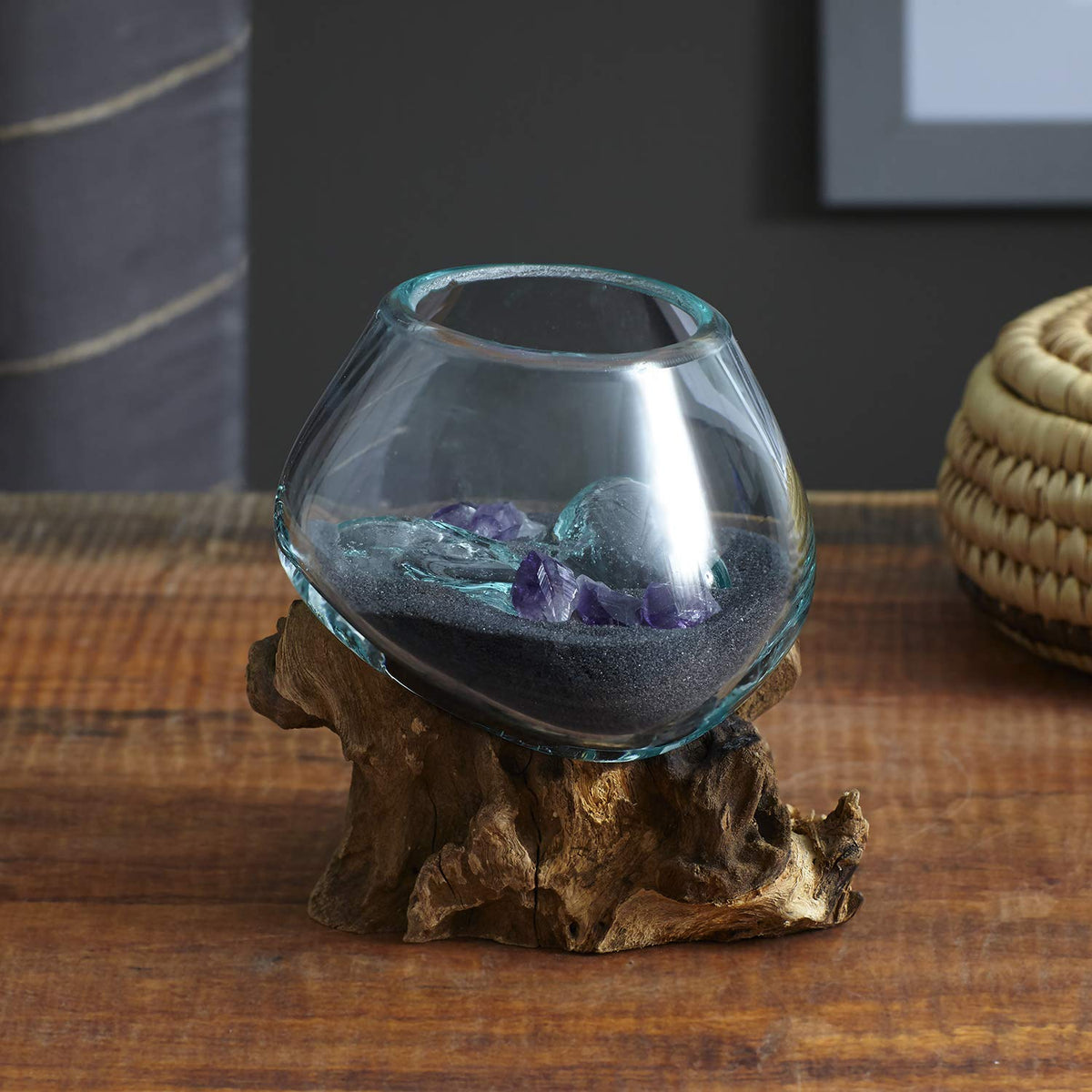 Cohasset Molten Glass | #650-12 | Molten Glass & Wood Sculpture | Terrarium | Fairy Garden | Approximately 4.5" Wide | Natural Wood and Recycled Glass |