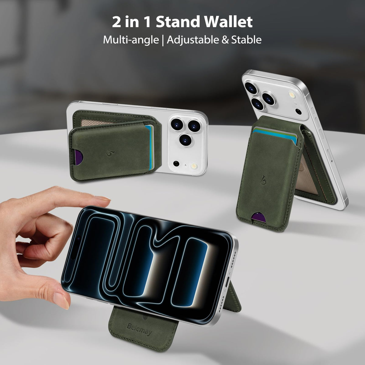 Belemay Strong Magnetic Wallet for MagSafe with Adjustable Stand, Crazy Horse Leather Card Holder, Up to 5 Cards, RFID Blocking, Slim for iPhone 17/16/15/14/13/12 Series Men & Women - Pine Green