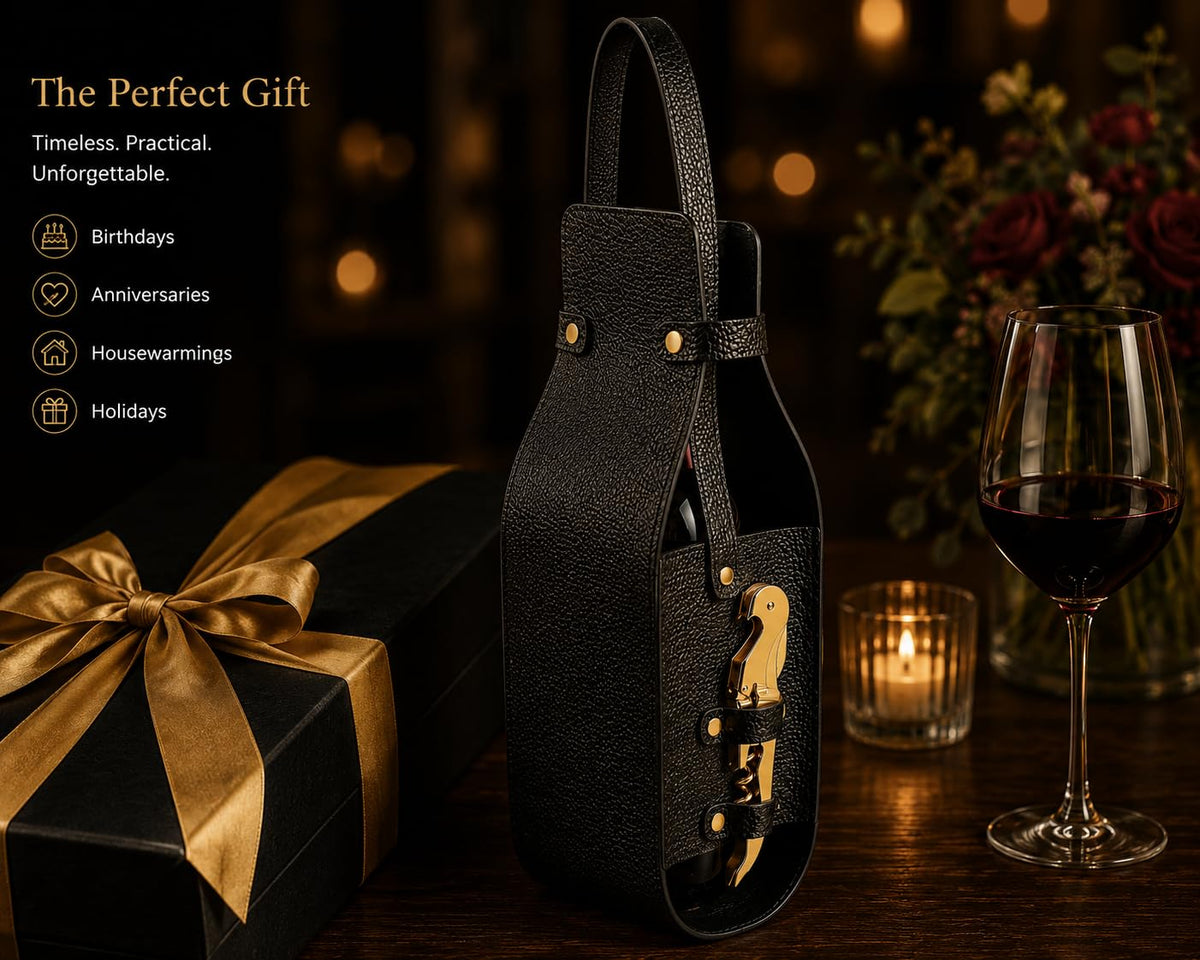 Wine Gift Bag with Wine Opener - Vegan PU Leather Single Bottle Luxury Wine Bag with Corkscrew - Elegant Wine Carrier for Travel, Picnic, Birthday, Housewarmings, Anniversaries Wedding Gifts