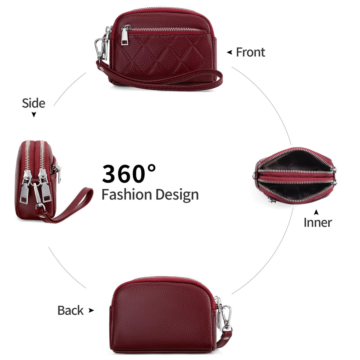 SENDEFN Women's Coin Purse Genuine Leather Wallet 3 Zippers Change Pouch with Wristlet