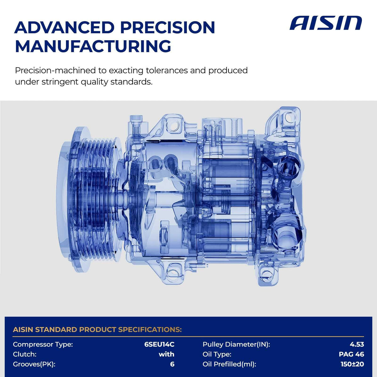 AISIN AFTERMARKET ACCT-00821 Air Conditioner AC Compressor - Compatible with Toyota Corolla 2014-2022 1.8L, Corolla iM 2017-2018 1.8L - with 6-Pulley Groove, with Clutch