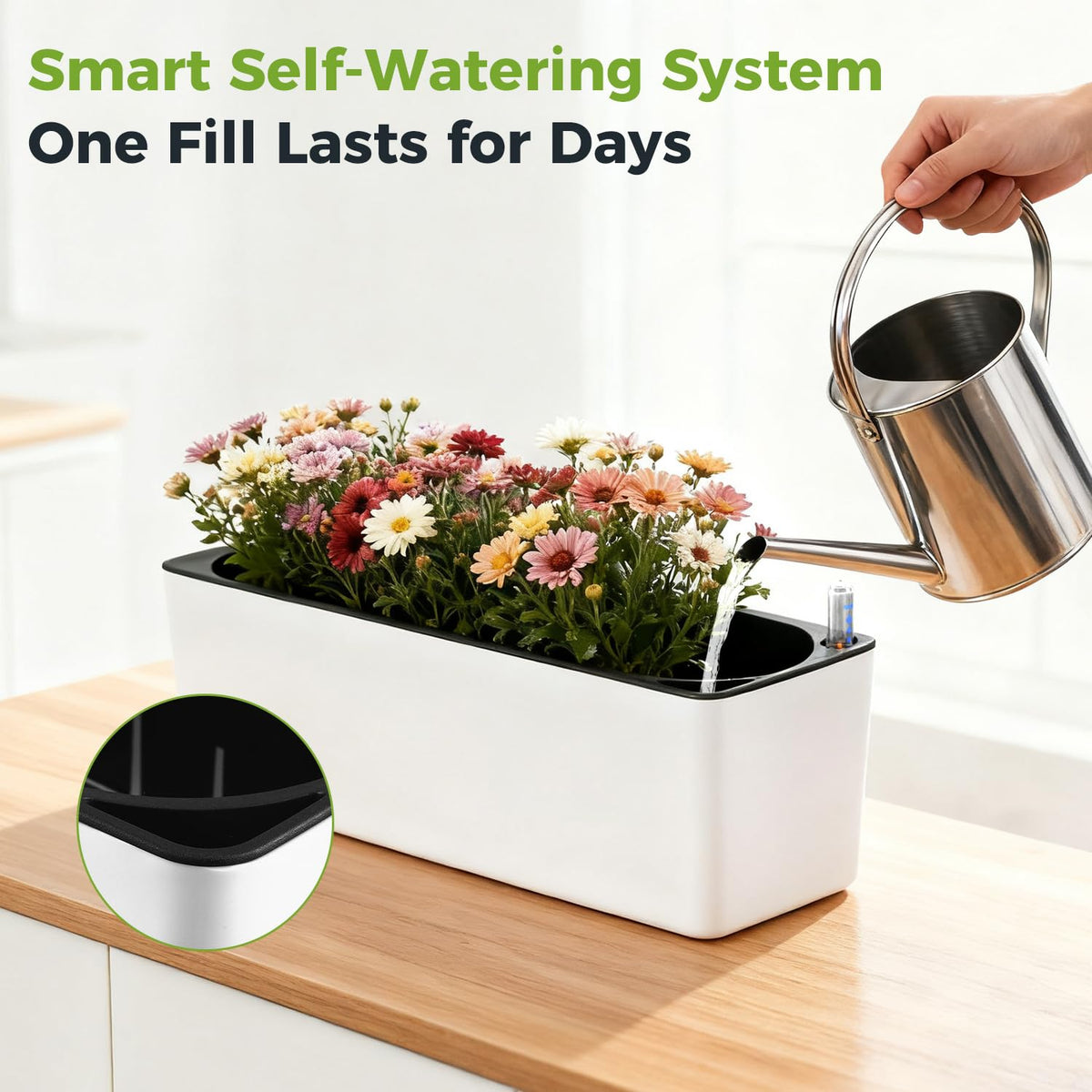 2 Pack Rectangular Planter 15.6 x 5.4 in Self Watering Planter Window Sill Planters Indoor Rectangle Plant Pot Self Watering Pots Plastic Plant pots with Drainage Holes Black Flower Pot