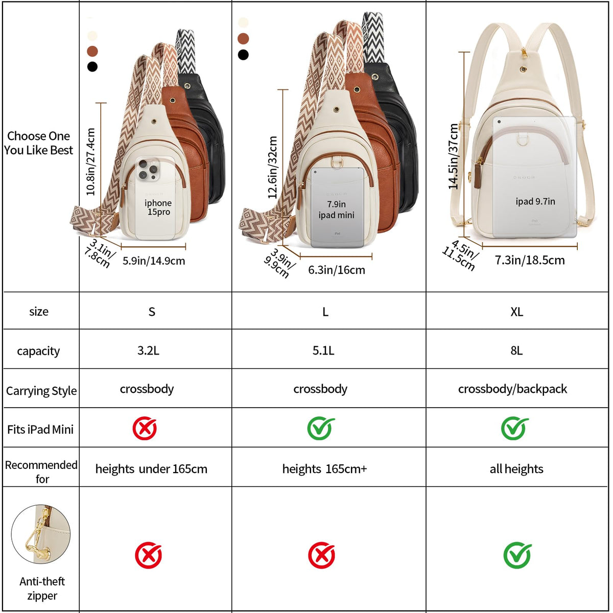 OSOCE Crossbody Bags for Women Sling Bag Anti Theft PU Leather Travel Chest Purse Small Adjustable Strap Fits Large Phone