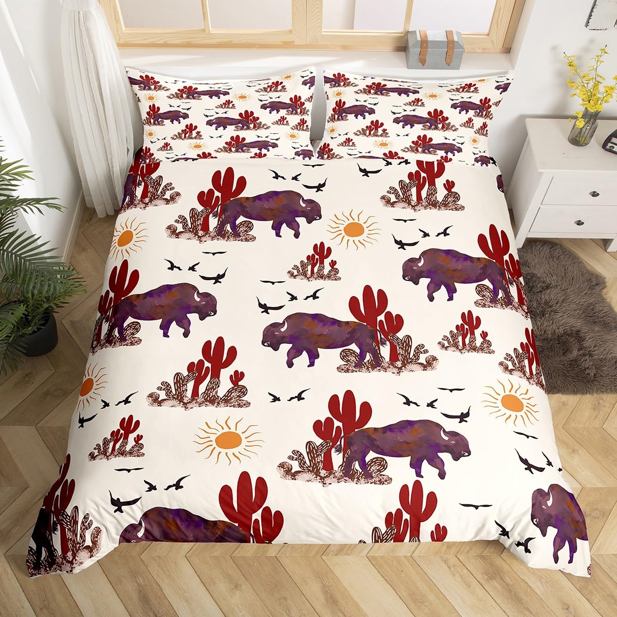 Feelyou Buffalo Ranch North American Bisons Duvet Cover Set Full Size Western Bedding Sets Rustic Country Cabin Southwestern Animal Comforter Cover Set Kids Boys Brown Cream Farmhouse Quilt Cover