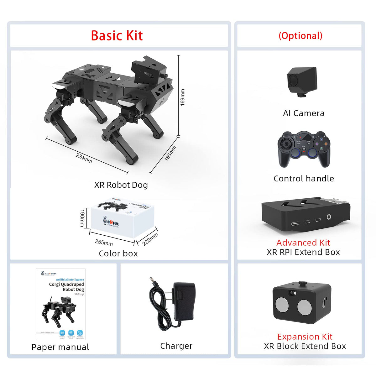 XiaoR Geek Smart Robot Dog Kit, 12 DOF Programmable Bionic Metal Learning Kit, Open Source ESP32 Educational Project for Adults, Wireless App Control(Basic Kit)