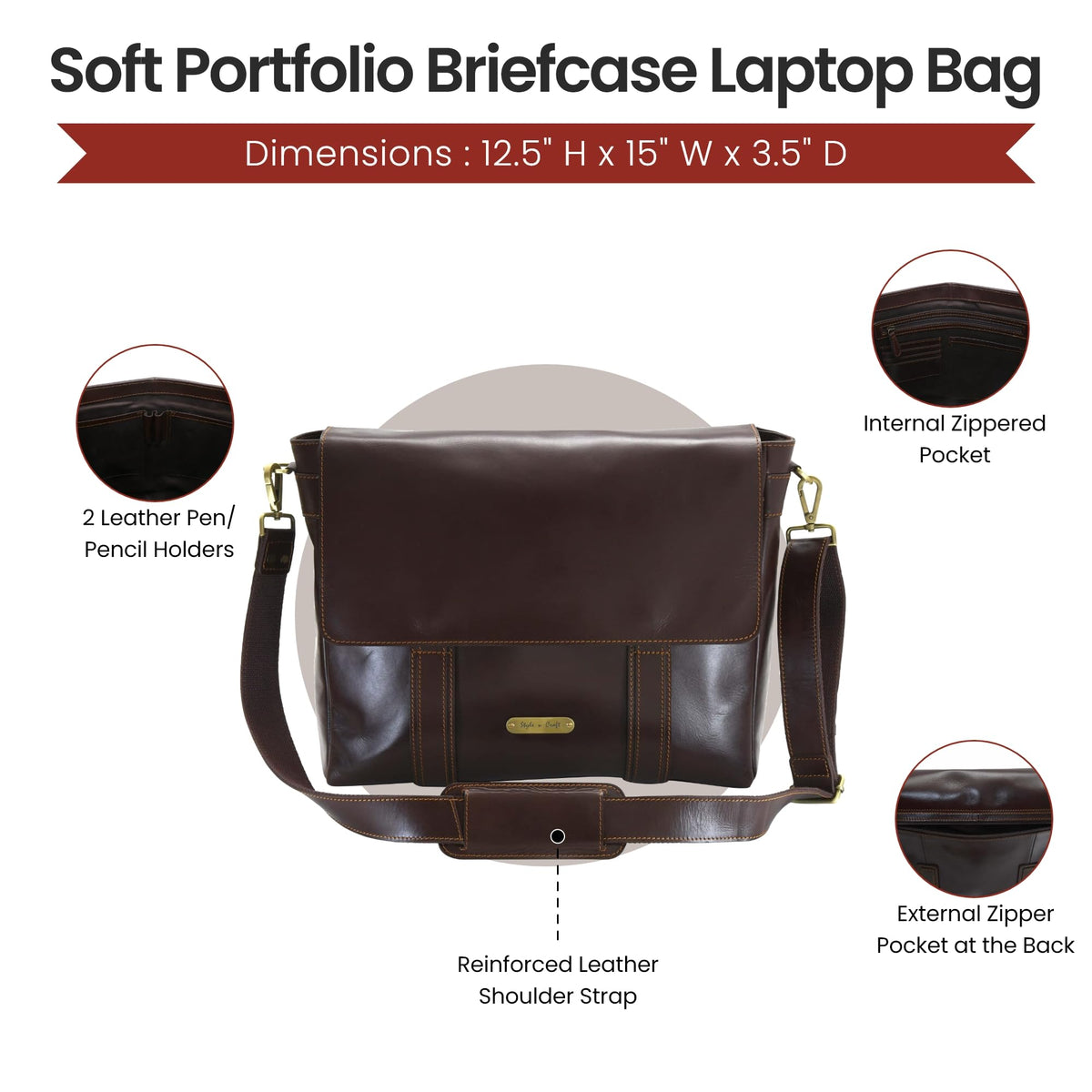 Style N Craft Messenger Bag, Full-Grain Leather Soft Briefcase Laptop Bag for Men and Women, Dark Brown (392005)