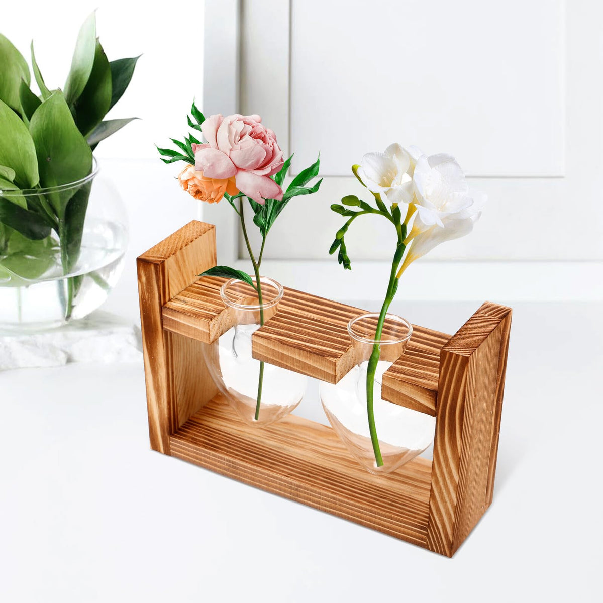 GLSTOY Glass Hydroponic Planter Vase with Wooden Stand, Heart-Shaped Glass Terrarium for Indoor Plants, Desktop Flower Pot for Home and Office Décor