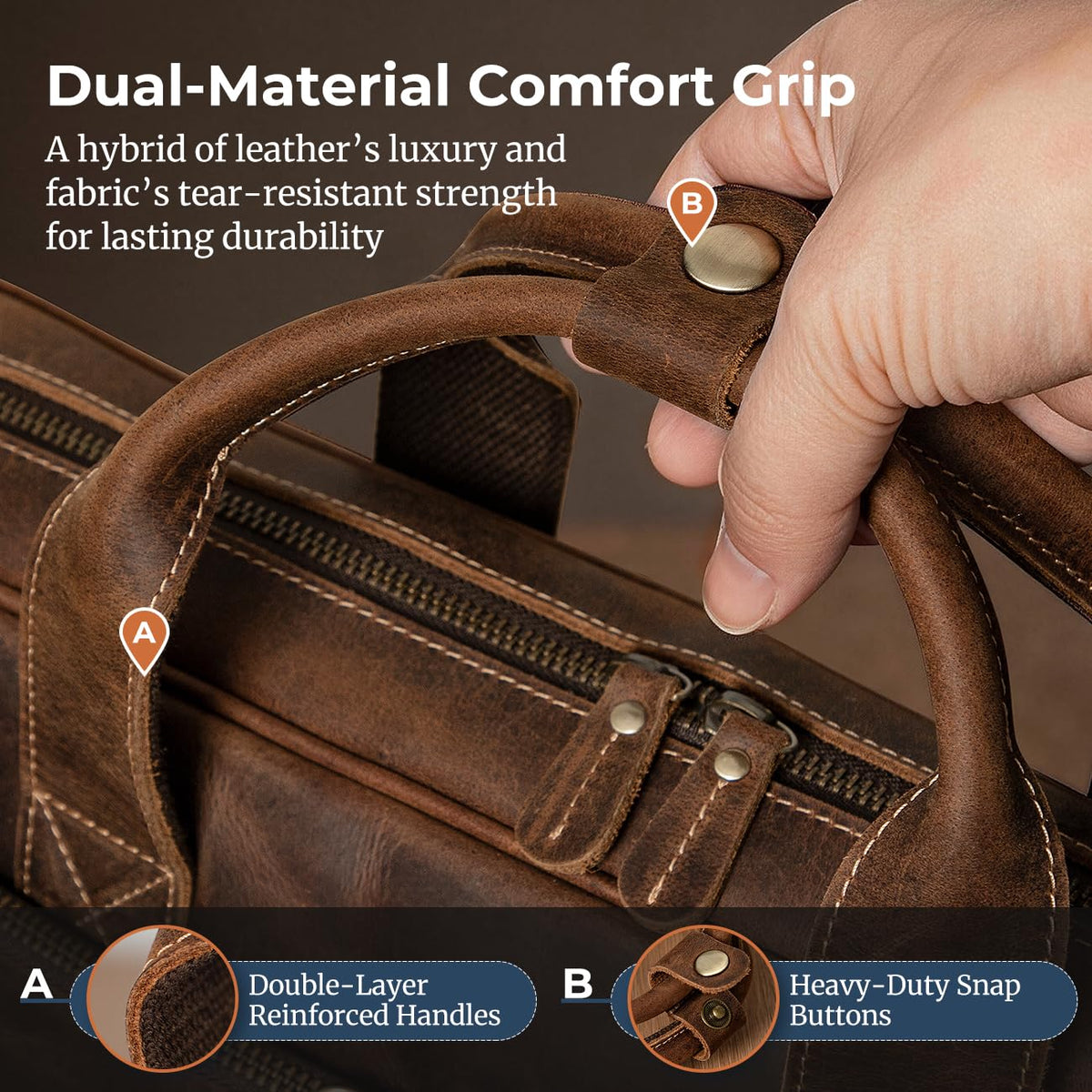 Augus Men's Buffalo Crazy Horse Leather Briefcase for 16 Inch Laptop, Computer Bag with YKK Zipper & Luggage Strap, Fits 16" MacBook, Work Travel Messenger Shoulder Bag, Brown