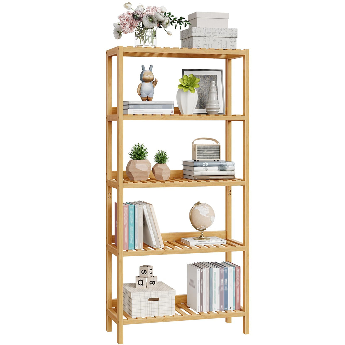 HOOBRO Bamboo Storage Shelf, 5-Tier Freestanding Shelving Unit, Multifunctional Storage Rack with Back Panel, 23.6 x 10.2 x 51.2 inches, for Bathroom, Living Room, Balcony, Kitchen, Natural YL96CJ01