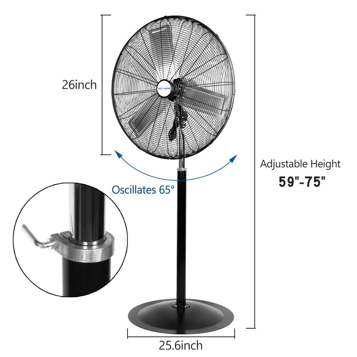 BILT HARD 6450 CFM 24" High Velocity Pedestal Oscillating Fan, 3-Speed Adjustable Height Industrial Floor Fan with Aluminum Blades, Metal Shop Fan for Commercial, and Garage