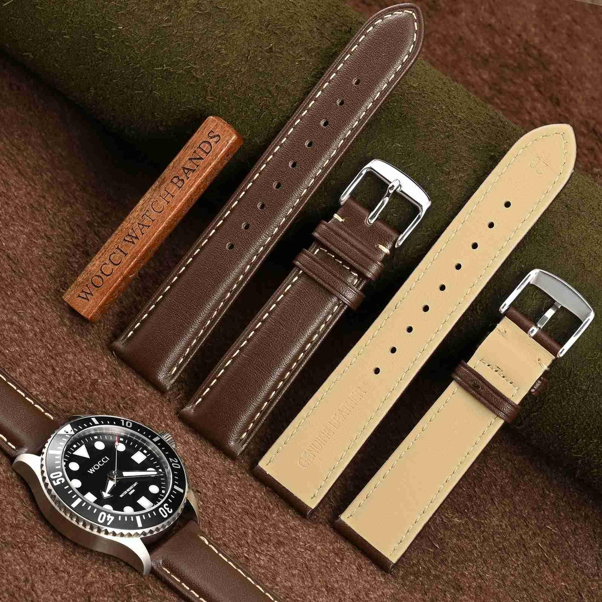 WOCCI 24mm Vintage Leather Watch Band for Men and Women, Silver Buckle (Dark Brown/Contrasting Stitch)
