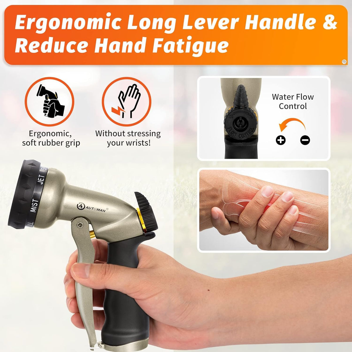 AUTOMAN Garden Hose Nozzle-7 Patterns Sprayer-2 Pack, Metal High Pressure Spray Nozzle, Heavy Duty Labor-Saving Design Water Hose Nozzle for Garden Watering, Car Washing, Window Cleaning, Pets Bathing