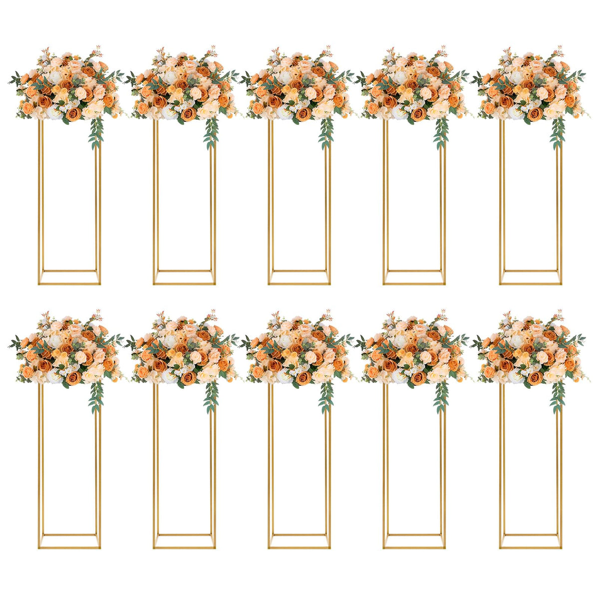 10 Pack 31.5 Inch Gold Wedding Flower Stand Metal Vase Column Stand Geometric Centerpiece Vase for Home Party Wedding Decorations, Rectangular Flower Display Rack