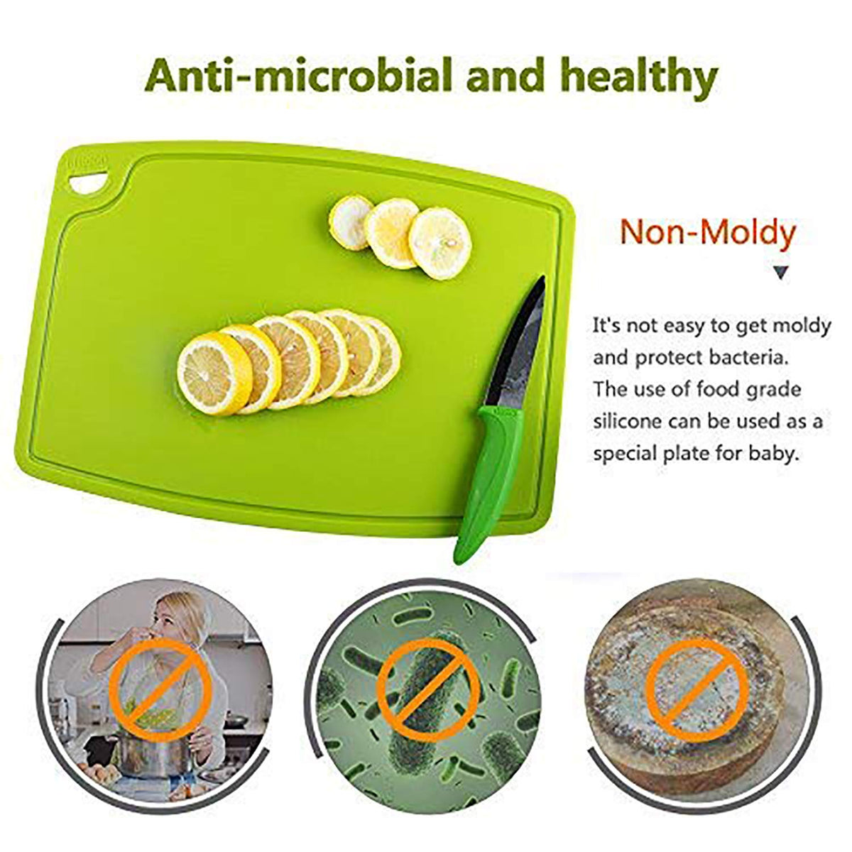 Liflicon Silicone Thick Cutting Boards Mats Set of 3 Foldable & Flexible Design Juice Grooves Easy Grip Handle Dishwasher Safe for Kitchen,BPA free Silicone Cutting Board-Green